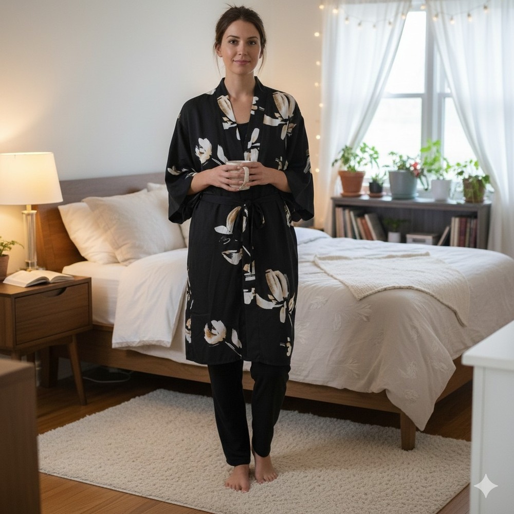 A New Day Womens Black Gold Abstract Floral Kimono Robe OSFM VN1075500